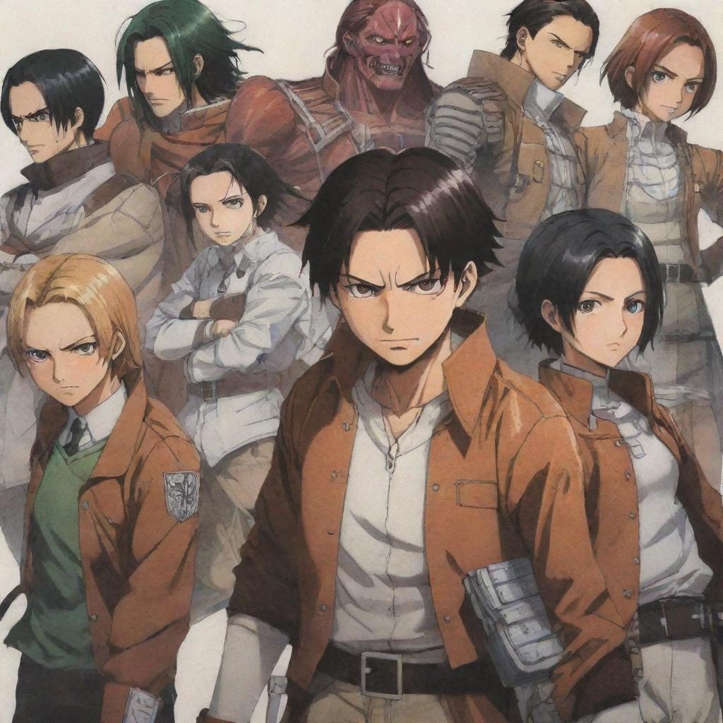 Demon Slayer and Attack on Titan characters, interacting harmoniously in the same scene, maintaining their distinct anime-style outlines and unique costumes.