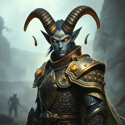 A striking tiefling paladin with distinctly grey skin, adorned with majestic ram's horns and piercing yellow eyes