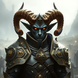 A striking tiefling paladin with distinctly grey skin, adorned with majestic ram's horns and piercing yellow eyes