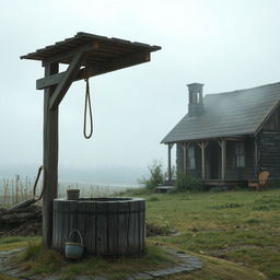 A rustic scene with a wooden well in the foreground, and an abandoned house in the background to the right