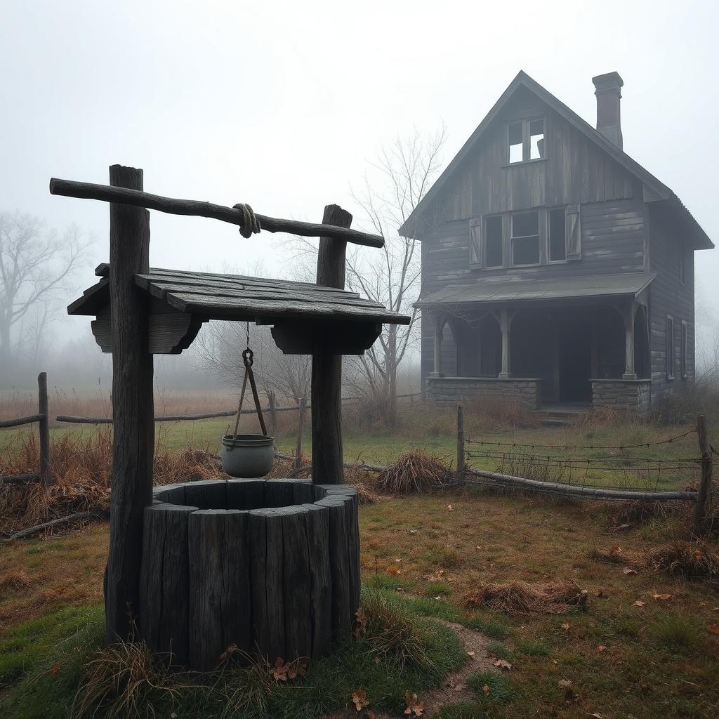 A rustic scene with a wooden well in the foreground, and an abandoned house in the background to the right