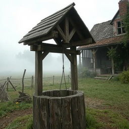 A rustic scene with a wooden well in the foreground, and an abandoned house in the background to the right