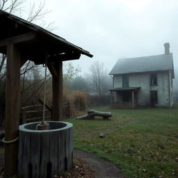 A rustic scene with a wooden well in the foreground, and an abandoned house in the background to the right