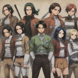 Demon Slayer and Attack on Titan characters, interacting harmoniously in the same scene, maintaining their distinct anime-style outlines and unique costumes.