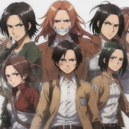 Demon Slayer and Attack on Titan characters, interacting harmoniously in the same scene, maintaining their distinct anime-style outlines and unique costumes.