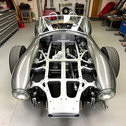 A pristine AC Cobra car chassis, showcasing the intricate details of its frame and structure