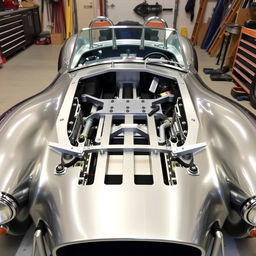 A pristine AC Cobra car chassis, showcasing the intricate details of its frame and structure