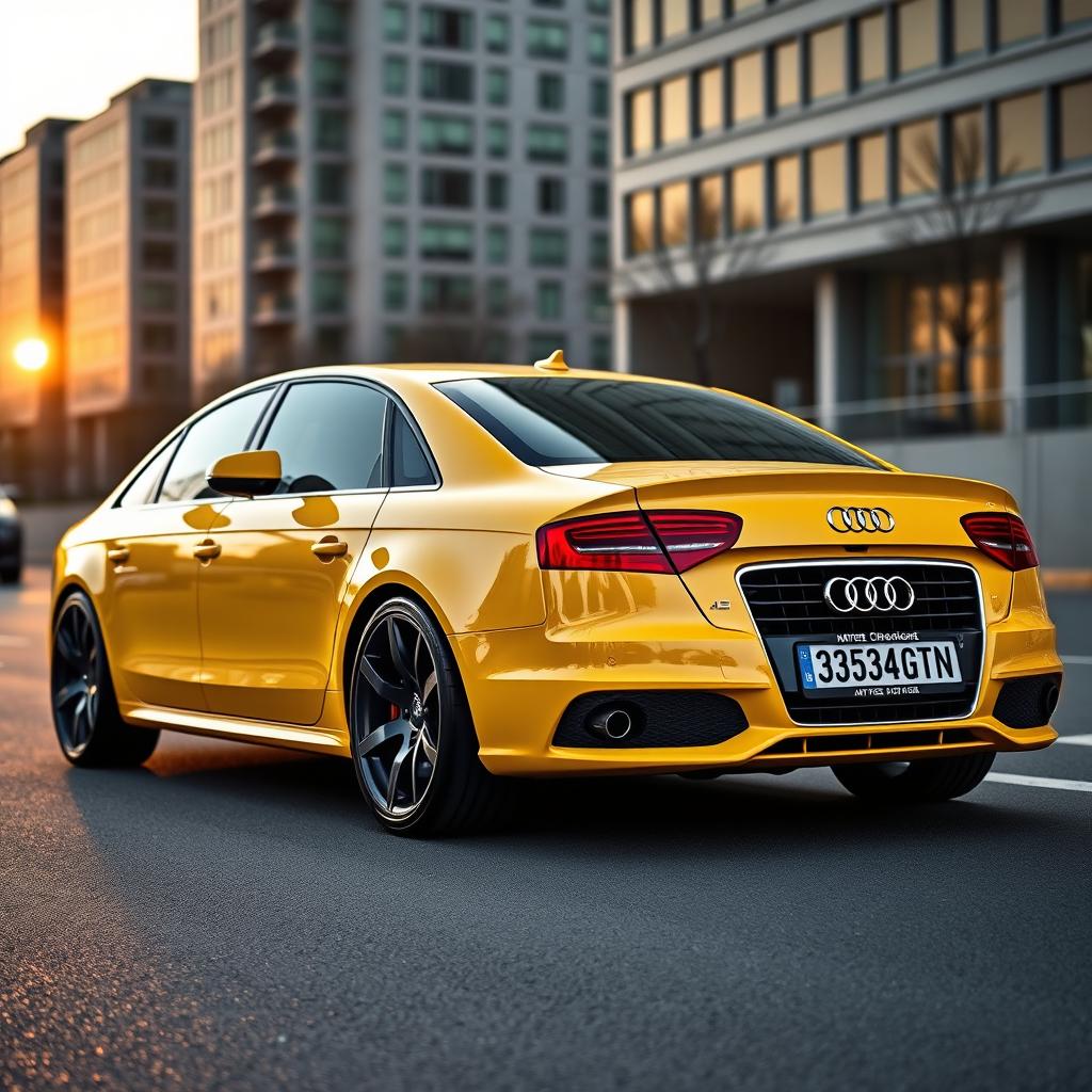 A 2010 Audi A4 B8 in a vibrant yellow color with sleek 19-inch black wheels