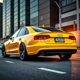 A 2010 Audi A4 B8 in a vibrant yellow color with sleek 19-inch black wheels