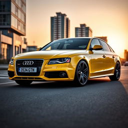 A 2010 Audi A4 B8 in a vibrant yellow color with sleek 19-inch black wheels