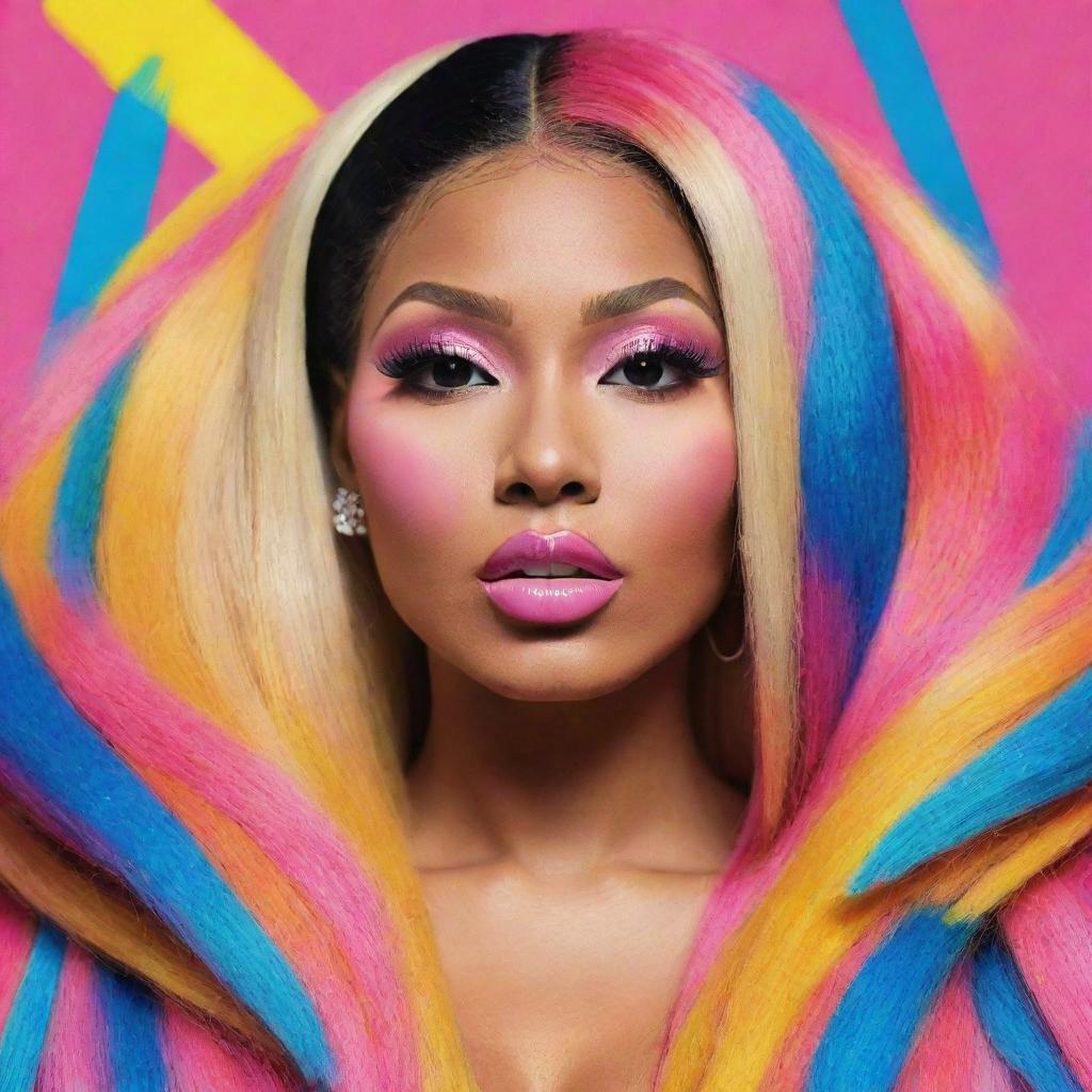 A vivid, energetic, and creatively stylized portrait of Nicki Minaj, carefully capturing her iconic and vibrant style.