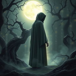 A mystical scene depicting a cloaked figure standing at the edge of a forest under a full moon