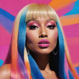 A vivid, energetic, and creatively stylized portrait of Nicki Minaj, carefully capturing her iconic and vibrant style.