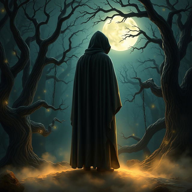 A mystical scene depicting a cloaked figure standing at the edge of a forest under a full moon