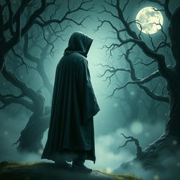 A mystical scene depicting a cloaked figure standing at the edge of a forest under a full moon