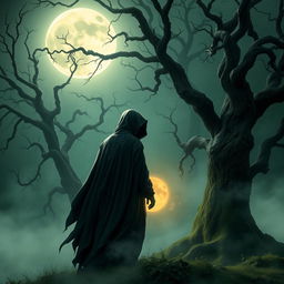 A mystical scene depicting a cloaked figure standing at the edge of a forest under a full moon