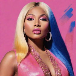 A vivid, energetic, and creatively stylized portrait of Nicki Minaj, carefully capturing her iconic and vibrant style.