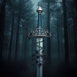 A fantasy book cover featuring a misty, black pine forest as the enigmatic background