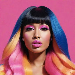 A vivid, energetic, and creatively stylized portrait of Nicki Minaj, carefully capturing her iconic and vibrant style.