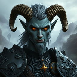 A striking male tiefling paladin with grey skin, adorned with smaller ram's horns and ashen hair