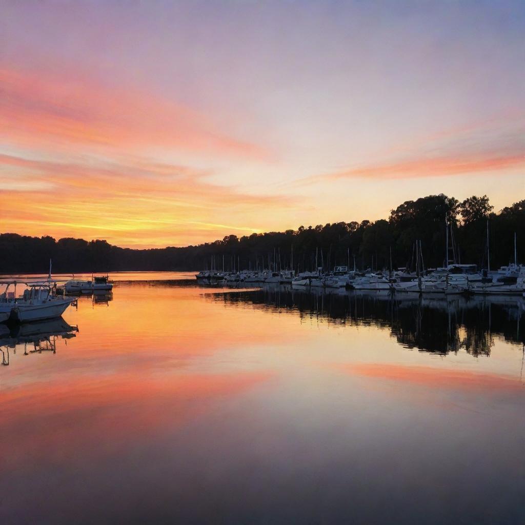 A tranquil lakeside scene during sunset, with silhouettes of boats moored in the distance and the vibrant colors of the sunset reflected in the water.