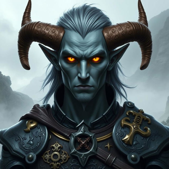 A striking male tiefling paladin with grey skin, adorned with smaller ram's horns and ashen hair