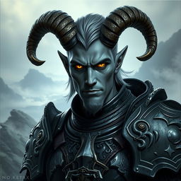 A striking male tiefling paladin with grey skin, adorned with smaller ram's horns and ashen hair