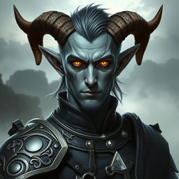 A striking male tiefling paladin with grey skin, adorned with smaller ram's horns and ashen hair