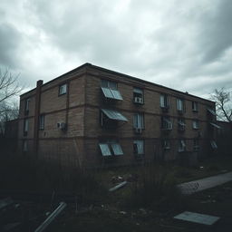 A gloomy atmosphere surrounding an old apartment building