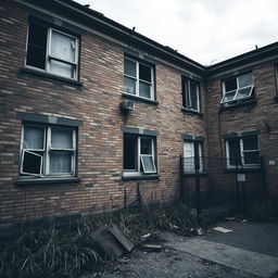 A gloomy atmosphere surrounding an old apartment building