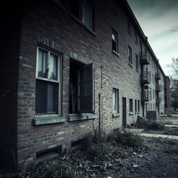 A gloomy atmosphere surrounding an old apartment building