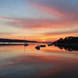 A tranquil lakeside scene during sunset, with silhouettes of boats moored in the distance and the vibrant colors of the sunset reflected in the water.