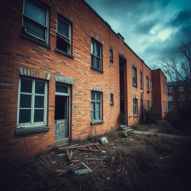 A gloomy atmosphere surrounding an old apartment building