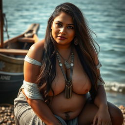 A stunning 40-year-old Indian woman with long hair and a voluptuous figure is depicted in a close-up setting