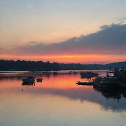 A tranquil lakeside scene during sunset, with silhouettes of boats moored in the distance and the vibrant colors of the sunset reflected in the water.