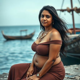 A stunning 40-year-old Indian woman with long hair and a voluptuous figure is depicted in a close-up setting