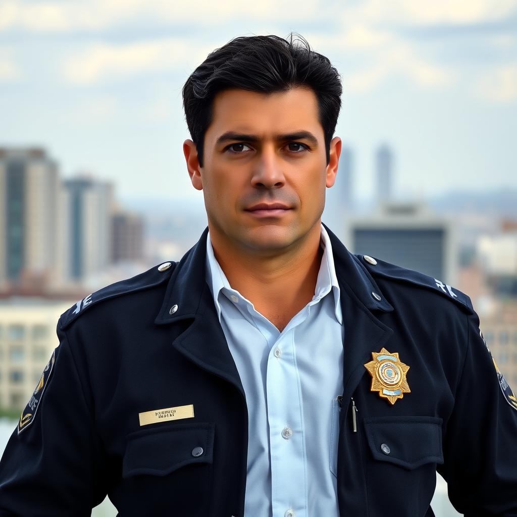 A black-haired, black-eyed police officer standing confidently