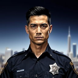 A black-haired, black-eyed police officer standing confidently