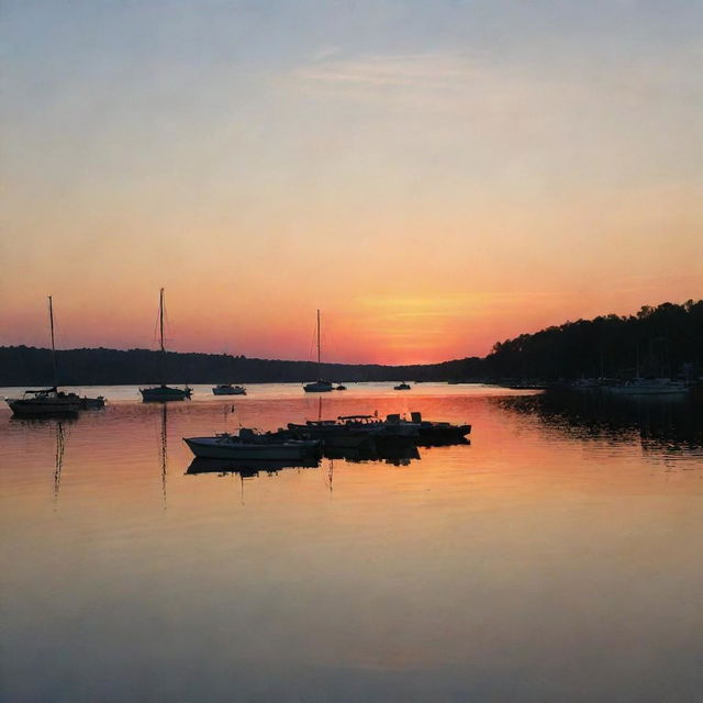 A tranquil lakeside scene during sunset, with silhouettes of boats moored in the distance and the vibrant colors of the sunset reflected in the water.