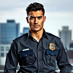 A handsome, black-haired, black-eyed police officer standing confidently