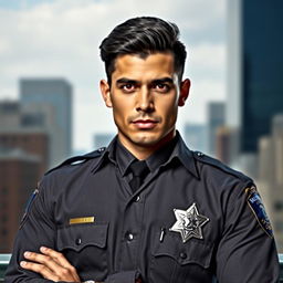 A handsome, black-haired, black-eyed police officer standing confidently