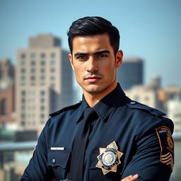 A handsome, black-haired, black-eyed police officer standing confidently