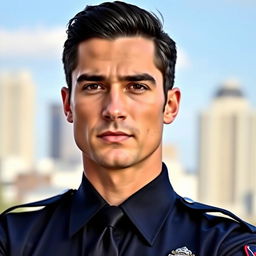 A handsome, black-haired, black-eyed police officer standing confidently