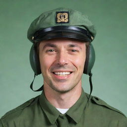 A cheerful male pilot with a cap obscuring his eyes, posed against a clear green background.