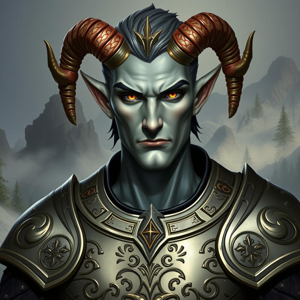 A striking male tiefling paladin with grey skin, adorned with medium-sized ram's horns and short ashen hair