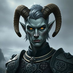 A striking male tiefling paladin with grey skin, adorned with medium-sized ram's horns and short ashen hair