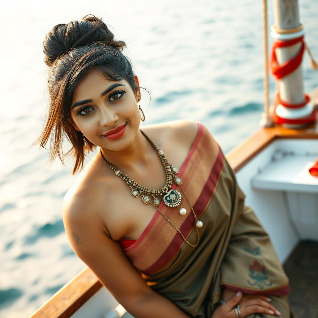 A stunning Indian woman in her 30s, featuring a beautiful hair bun, is kneeling by the sea on a boat