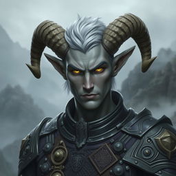 A striking male tiefling paladin with grey skin, adorned with medium-sized ram's horns and short ashen hair