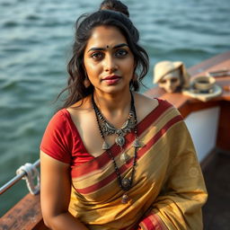 A stunning Indian woman in her 30s, featuring a beautiful hair bun, is kneeling by the sea on a boat