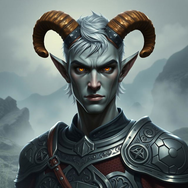 A striking male tiefling paladin with grey skin, adorned with medium-sized ram's horns and short ashen hair